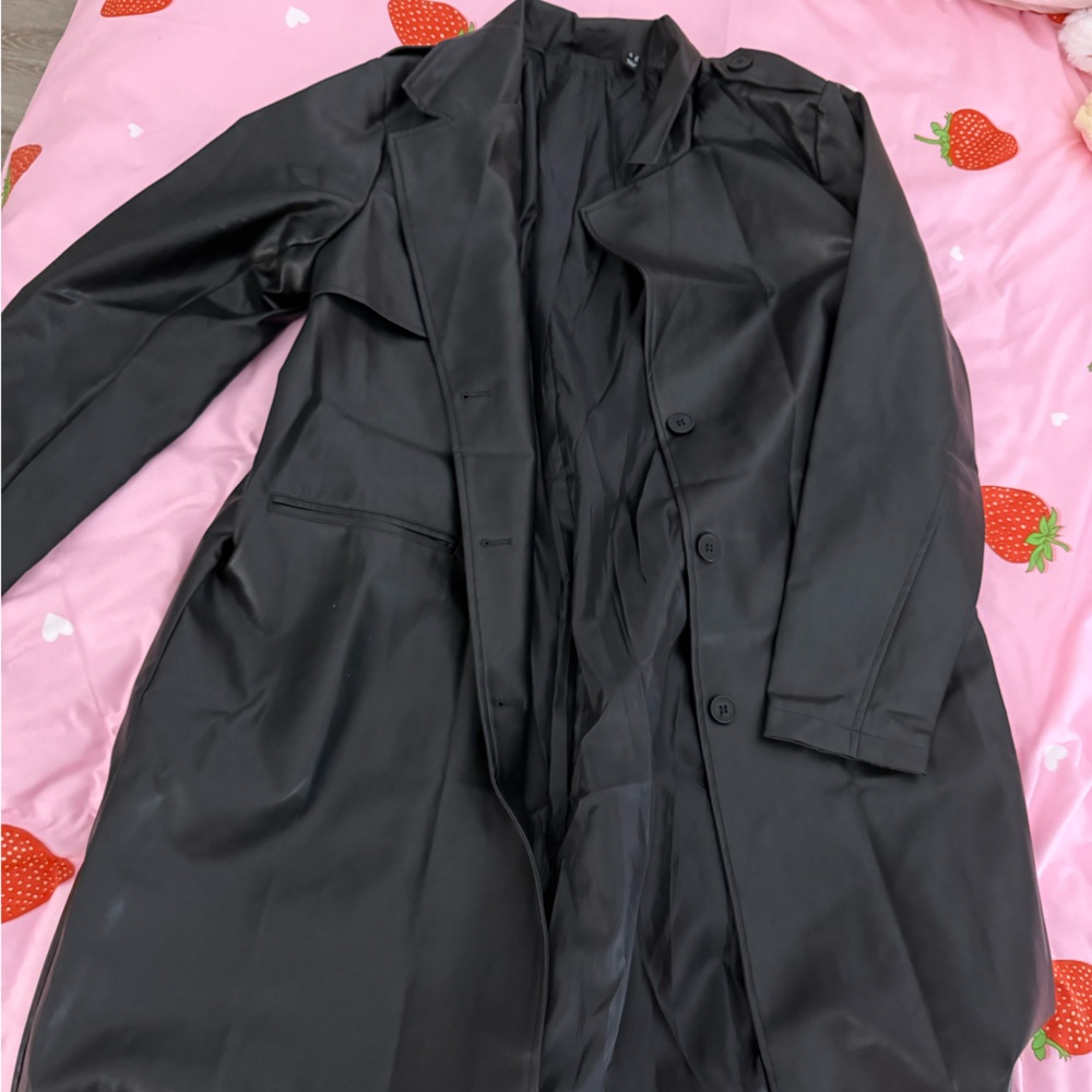 Black Renee (possibly faux) leather trench coat missing belt